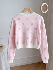 SHEIN Girls' Heart Pattern Hand-Crafted Bow Knitted Sweater Long Sleeve Autumn Fall - Multicolor - View 2