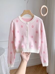 SHEIN Girls' Heart Pattern Hand-Crafted Bow Knitted Sweater Long Sleeve Autumn Fall - Multicolor - View 3