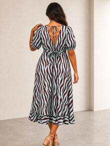 ELLERISSA Plus Size Blue Zebra Print Round Neck Puff Sleeve Back Tie Ruffle Hem Midi Dress - Blue - View 2