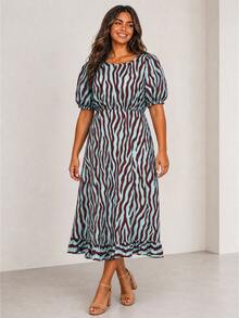 ELLERISSA Plus Size Blue Zebra Print Round Neck Puff Sleeve Back Tie Ruffle Hem Midi Dress - Blue - View 5