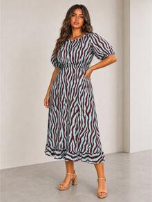 ELLERISSA Plus Size Blue Zebra Print Round Neck Puff Sleeve Back Tie Ruffle Hem Midi Dress - Blue - View 6