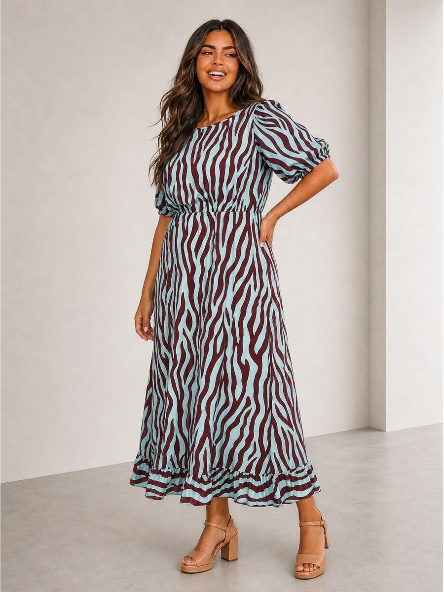 ELLERISSA Plus Size Blue Zebra Print Round Neck Puff Sleeve Back Tie Ruffle Hem Midi Dress - Blue - View 1