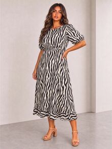 ELLERISSA Plus Size Black & White Zebra Print Round Neck Puff Sleeve Back Tie Ruffle Hem Midi Dress - Black and White - View 6