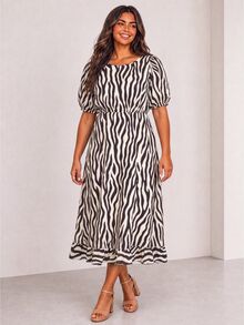 ELLERISSA Plus Size Black & White Zebra Print Round Neck Puff Sleeve Back Tie Ruffle Hem Midi Dress - Black and White - View 5