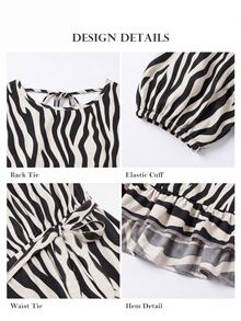 ELLERISSA Plus Size Black & White Zebra Print Round Neck Puff Sleeve Back Tie Ruffle Hem Midi Dress - Black and White - View 7