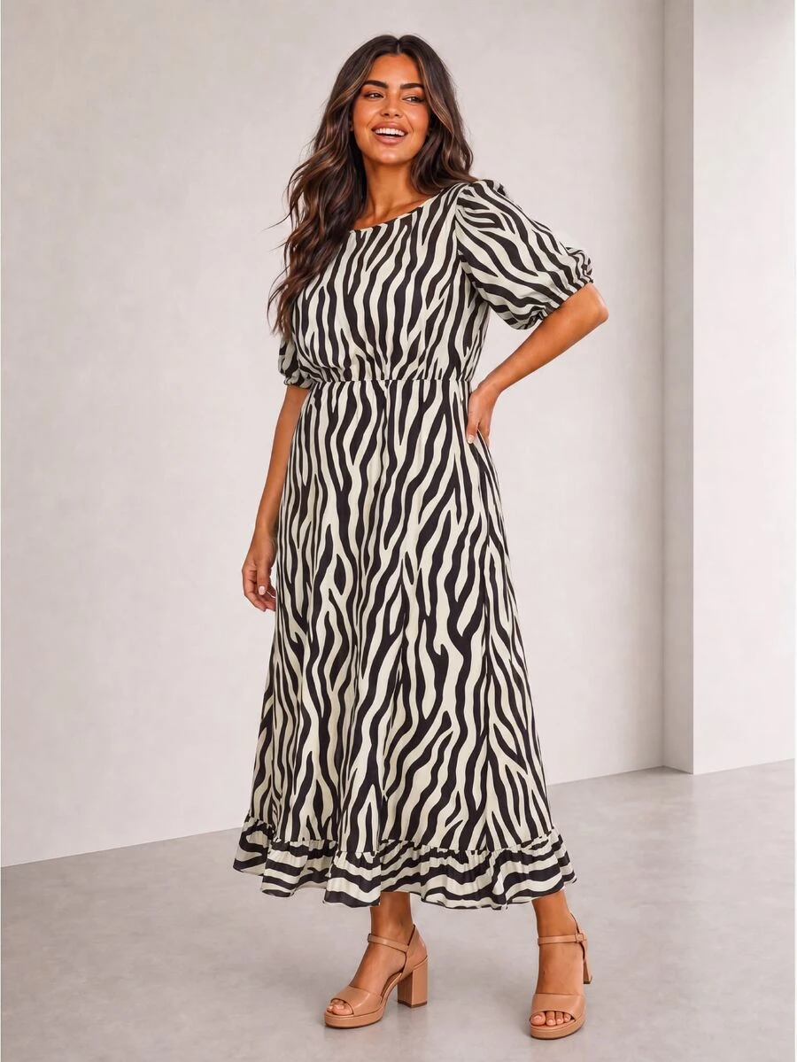 ELLERISSA Plus Size Black & White Zebra Print Round Neck Puff Sleeve Back Tie Ruffle Hem Midi Dress - Black and White - View 1