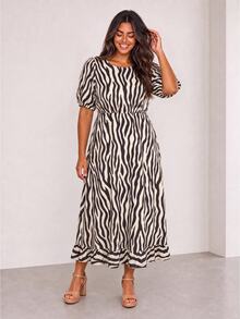 ELLERISSA Plus Size Black & White Zebra Print Round Neck Puff Sleeve Back Tie Ruffle Hem Midi Dress - Black and White - View 4