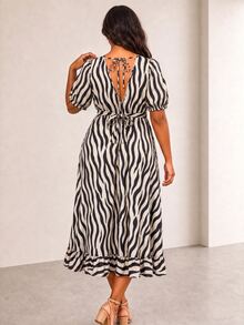 ELLERISSA Plus Size Black & White Zebra Print Round Neck Puff Sleeve Back Tie Ruffle Hem Midi Dress - Black and White - View 2