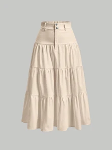 SHEIN Tall CURVE Rok Midi Berenda Kancing Serbaguna Ukuran Plus, Cocok untuk Acara Santai Musim Gugur, Formal, Krem, Kasual, dan Tradisional - Aprikot - View 3