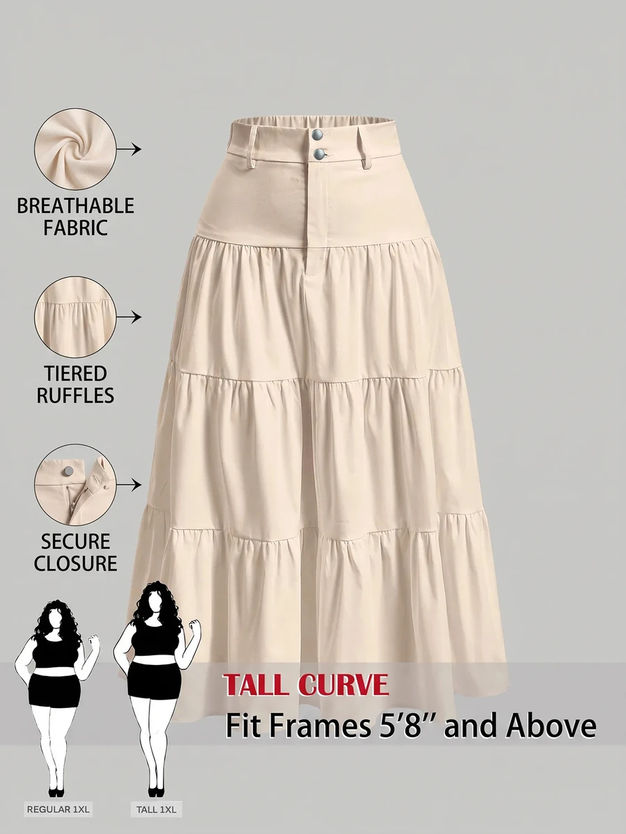 SHEIN Tall CURVE Rok Midi Berenda Kancing Serbaguna Ukuran Plus, Cocok untuk Acara Santai Musim Gugur, Formal, Krem, Kasual, dan Tradisional - Aprikot - View 1