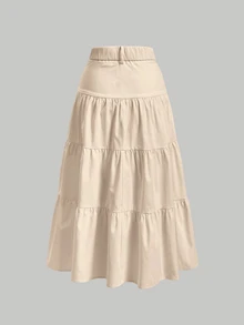 SHEIN Tall CURVE Rok Midi Berenda Kancing Serbaguna Ukuran Plus, Cocok untuk Acara Santai Musim Gugur, Formal, Krem, Kasual, dan Tradisional - Aprikot - View 2
