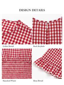 ELLERISSA Atasan Peplum Leher Bulat Lengan Pendek Motif Kotak-kotak Merah Ukuran Besar dengan Pinggang Berkerut - Merah - View 7