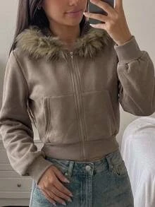 Tween Girls Autumn/Winter Striped Collar Hooded Sweatshirt - Coffee Brown - View 2