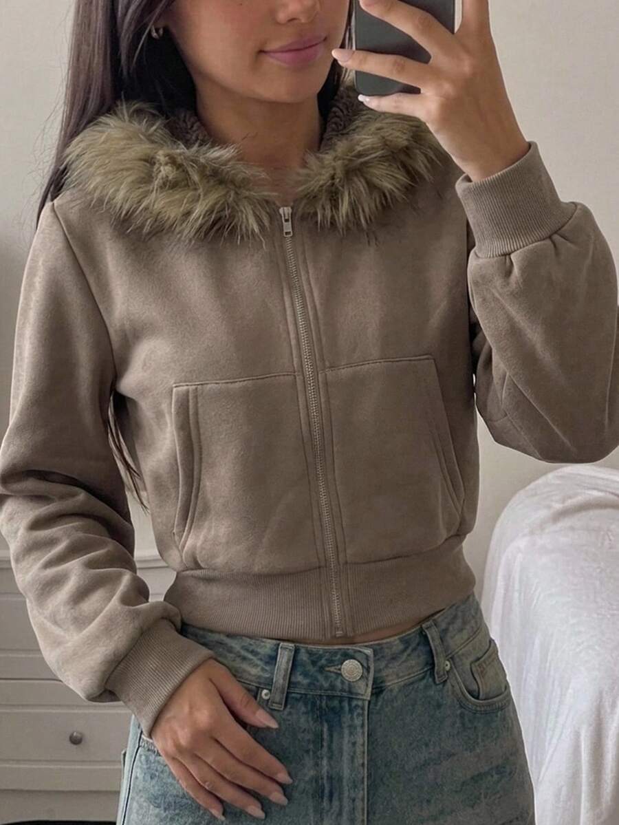 Randig hoodie med krage för tweenflickor, höst/vinter - Kaffebrun - Visa 1