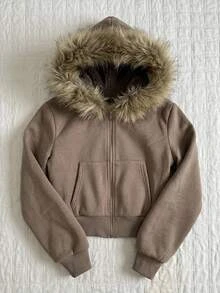 Tween Girls Autumn/Winter Striped Collar Hooded Sweatshirt - Coffee Brown - View 4