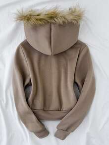 Tween Girls Autumn/Winter Striped Collar Hooded Sweatshirt - Coffee Brown - View 5