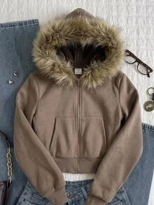 Tween Girls Autumn/Winter Striped Collar Hooded Sweatshirt - Coffee Brown - View 1