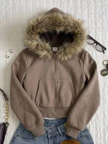 Tween Girls Autumn/Winter Striped Collar Hooded Sweatshirt - Coffee Brown - View 3
