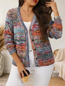 EMERY ROSE Plus Size Women's Single-Breasted Casual Versatile Daily Wear Cardigan Fall Clothes For Women Colorful Cardigan Sweater 2026 Winter - Multicolor - View 9