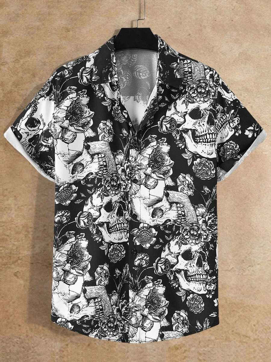COMVAIL 大尺碼男士深色印花短袖襯衫,度假風,父親節禮物 - 黑與白 - 查看 1