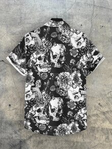 COMVAIL 大尺碼男士深色印花短袖襯衫，度假風，父親節禮物 - 黑與白 - 查看 5