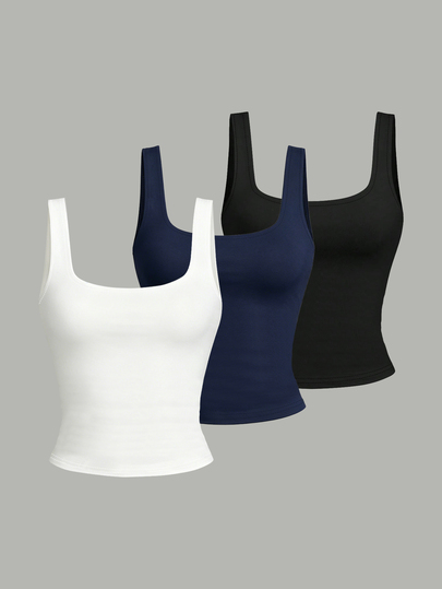 Teen Girls' Minimalist Casual Square Neck Camisole,White,Navy Blue,Black Top,Summer Holiday Essential,Relaxed Comfortable Basic Style,Back To School