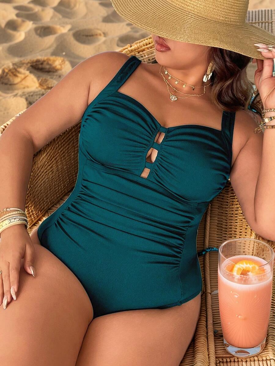 Swim Lushoire Plus Size Women Square Neck Ruched Tummy Control Solid Color Ribbed One-Piece Swimsuit, Simple & Suitable For Everyday Wear For Summer Beach Vacation - Dark Green - View 1