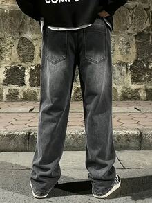 Colvenic Men's Vintage Distressed Washed Wide Leg Jeans, Grey Ripped Knee Wide Leg Denim Pants - Grey - View 2