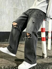 Colvenic Men's Vintage Distressed Washed Wide Leg Jeans, Grey Ripped Knee Wide Leg Denim Pants - Grey - View 3