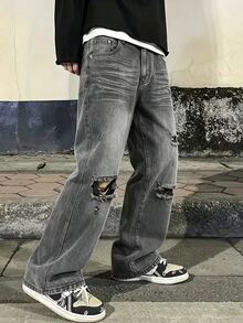 Colvenic Men's Vintage Distressed Washed Wide Leg Jeans, Grey Ripped Knee Wide Leg Denim Pants - Grey - View 1
