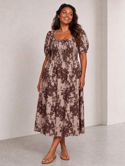 ELLERISSA Plus Size Maroon Floral Print Square Neck Shirred Bodice Puff Sleeve Midi Dress