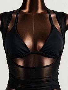Mistrie Women's Solid Color Cutout Design 2 In 1 Rave Cropped Fitted Halter Neck Top Club Night Black Summer - Black - View 3