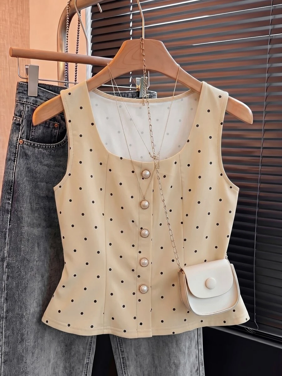 Franclia Elegant Retro Vintage Beige Pearl Decor Women Summer Tank Top Date Everyday