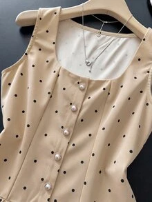 Franclia Elegant Retro Vintage Beige Pearl Decor Women Summer Tank Top Date Everyday - Khaki - View 7
