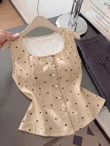 Franclia Elegant Retro Vintage Beige Pearl Decor Women Summer Tank Top Date Everyday - Khaki - View 5