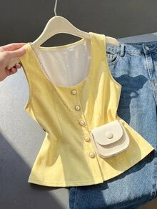Franclia 優雅可愛復古波點黃色珍珠裝飾女款夏季背心上衣 茶會早午餐穿搭 - 鵝黃色 - 查看 6