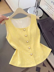 Franclia 優雅可愛復古波點黃色珍珠裝飾女款夏季背心上衣 茶會早午餐穿搭 - 鵝黃色 - 查看 5