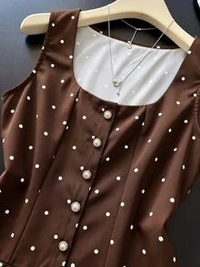 Franclia 優雅法式復古棕色與白色波點珍珠裝飾女款夏季背心上衣 日常日間穿搭 - 咖啡棕 - 查看 6