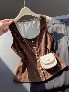 Franclia 優雅法式復古棕色與白色波點珍珠裝飾女款夏季背心上衣 日常日間穿搭 - 咖啡棕 - 查看 5