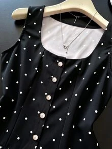 Franclia 優雅法式復古黑白波點珍珠裝飾女款夏季背心上衣，適合早午餐與茶會 - 黑色 - 查看 7