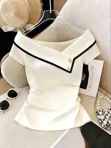 SHEIN Franclia 女款優雅夏季白色上衣，黑白不對稱領襯衫，度假茶會法式風上衣，辦公通勤休閒高級感服飾 - 杏色 - 查看 9