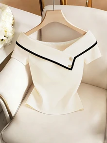 SHEIN Franclia 女款優雅夏季白色上衣，黑白不對稱領襯衫，度假茶會法式風上衣，辦公通勤休閒高級感服飾 - 杏色 - 查看 4