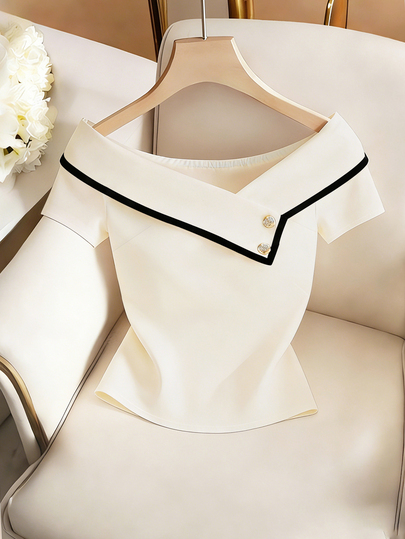 SHEIN Franclia Women's Elegant Summer Top, Asymmetric Collar , Holiday Tea Party French Style Blouse, Office Commute Casual Classy