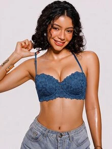 Bareli Dear 女款蕾絲露背鋼圈內衣，小胸聚攏，防滑隱形細肩帶胸罩，1件裝 - 藍色 - 查看 5