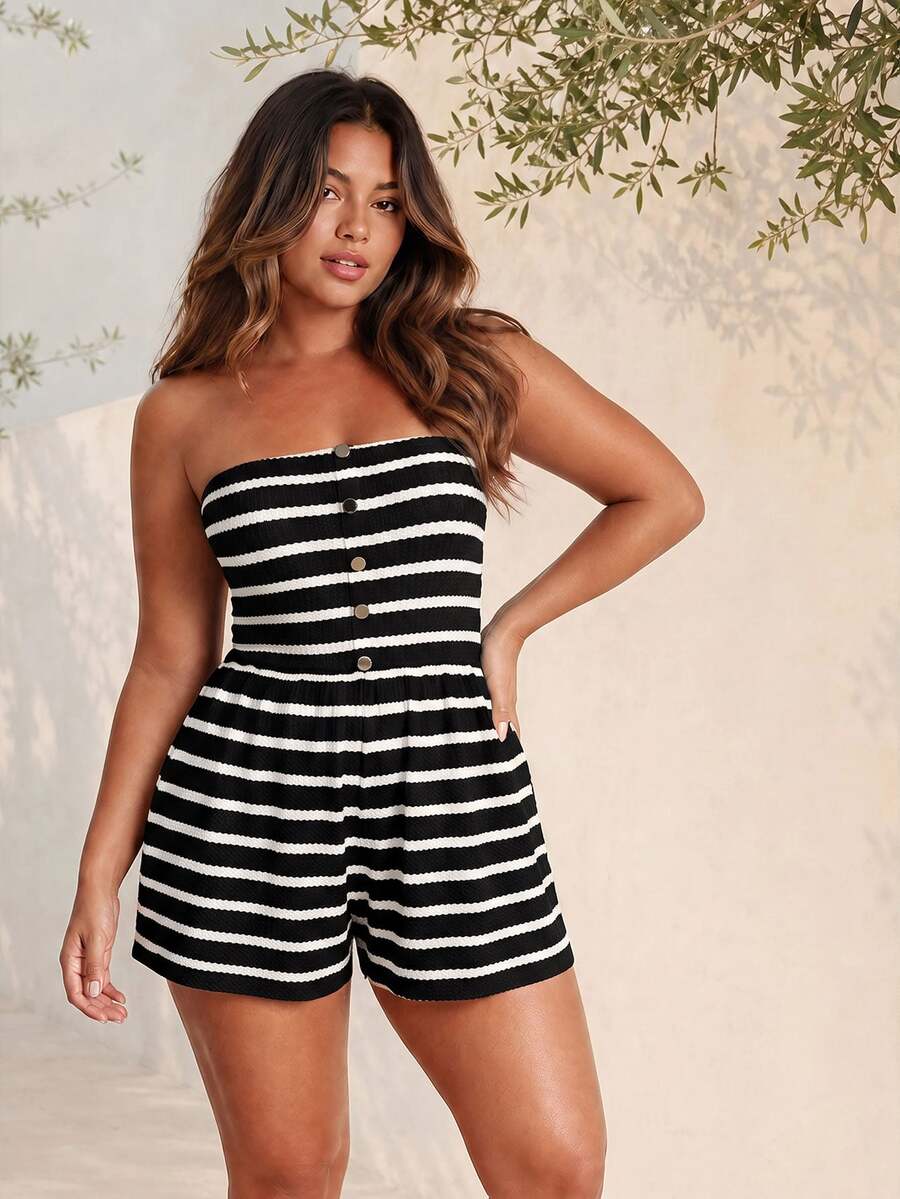 ELLERISSA Plus Size Black & White Stripe Bandeau Button Front Playsuit - Black and White - View 1