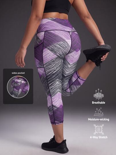 Powerista Women Plus Size Sports Leggings & Pants Purple Geometric Capri Pants Fashion Gym Fitness Workout Running Casual Backless Going Out Daliy Wear