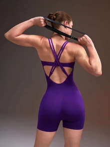 Powerista Mono deportivo ajustado sin espalda de unicolor morado oscuro para gimnasio fitness salir entrenar sin costuras uso diario casual moda correr cómodo - Morado - Ver 4