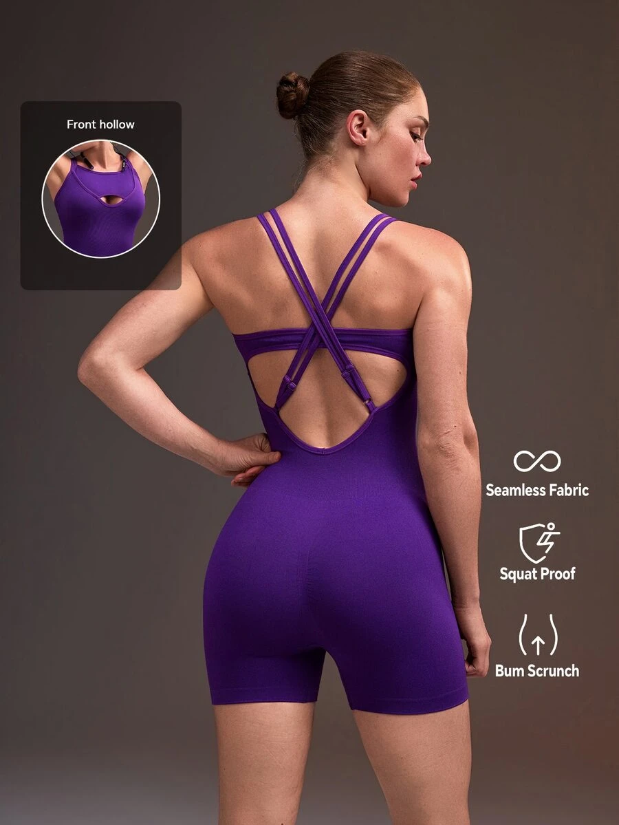 Powerista Mono deportivo ajustado sin espalda de unicolor morado oscuro para gimnasio fitness salir entrenar sin costuras uso diario casual moda correr cómodo