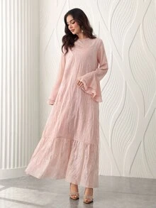 Yasmyna 粉色刺繡蕾絲長款雙層喇叭袖寬鬆休閒約會通勤優雅阿拉伯風洋裝 - 粉色 - 查看 8