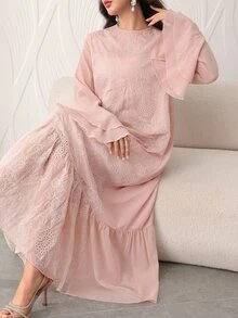 Yasmyna 粉色刺繡蕾絲長款雙層喇叭袖寬鬆休閒約會通勤優雅阿拉伯風洋裝 - 粉色 - 查看 6